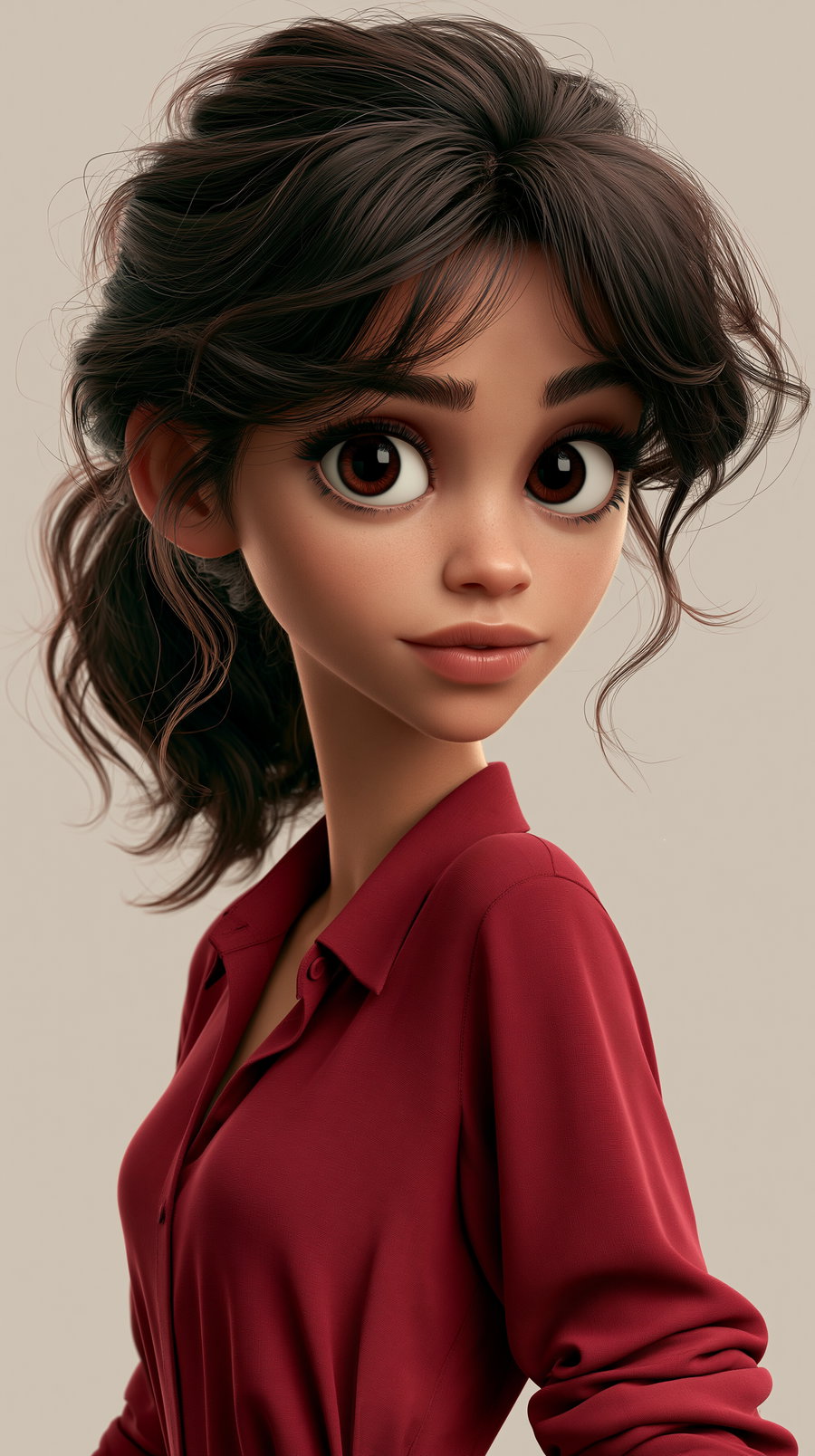 A digital illustration of a young woman with large eyes, curly brown hair tied back, wearing a red button-up shirt, against a plain beige background.