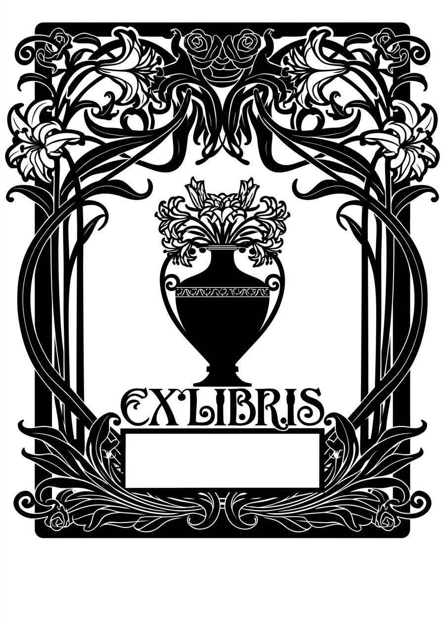 A black and white vintage style ex libris bookplate featuring an ornate floral border, a vase with flowers at the center, and a blank space for adding a name