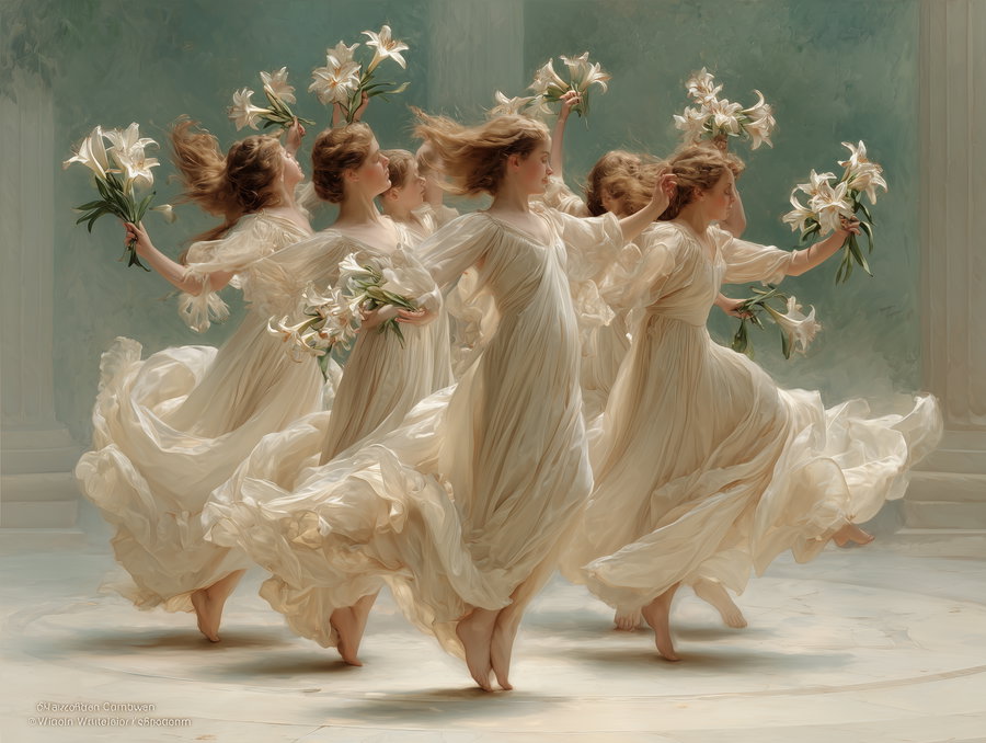 A digital painting of seven women in billowing white dresses dancing barefoot, each holding white lilies, set against a soft blue-green background with classical column elements