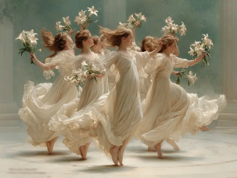 Graceful women dancing in flowing white dresses holding lilies in a dreamy setting