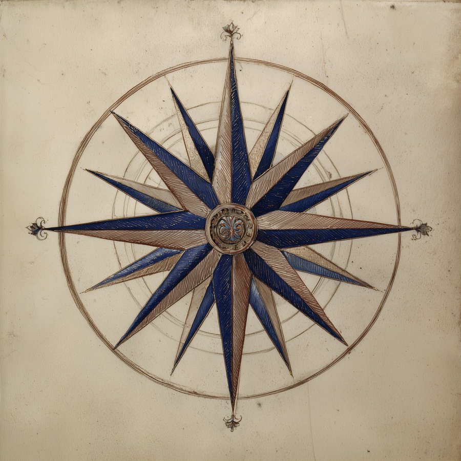 A vintage compass rose with alternating blue and brown pointed segments in a circle on aged, beige paper.
