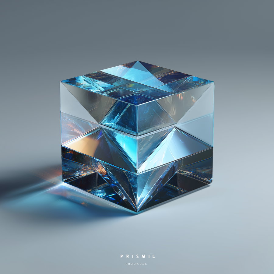 A translucent blue glass prism cube with intricate reflective and refractive light patterns casting shadows on a grey surface
