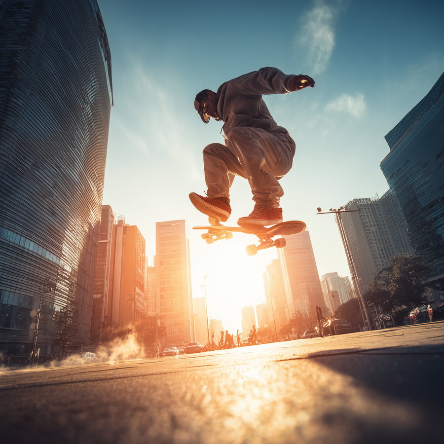 Skateboarder performing a jump trick in mid-air on a city street with tall buildings and sunset sunlight in the background