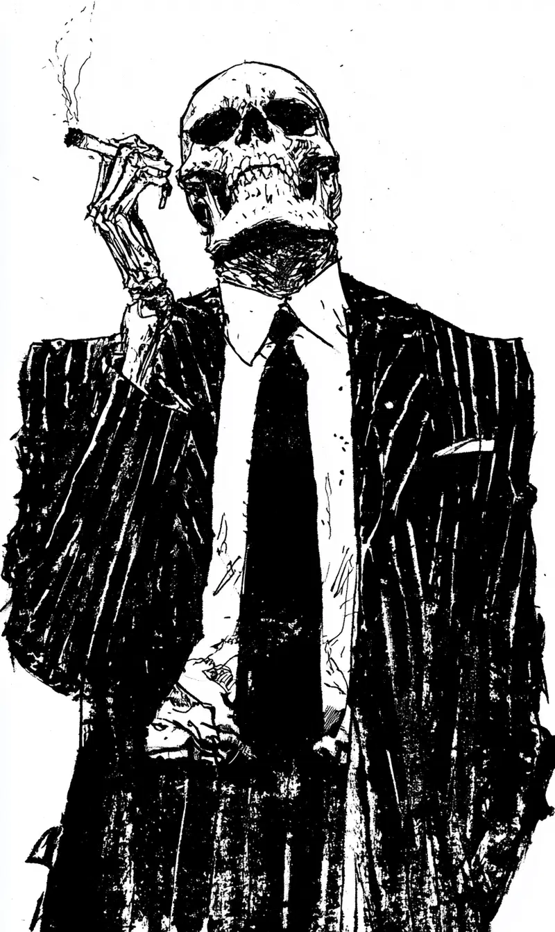Black and white ink drawing of a skeleton in a pinstripe suit holding a cigarette