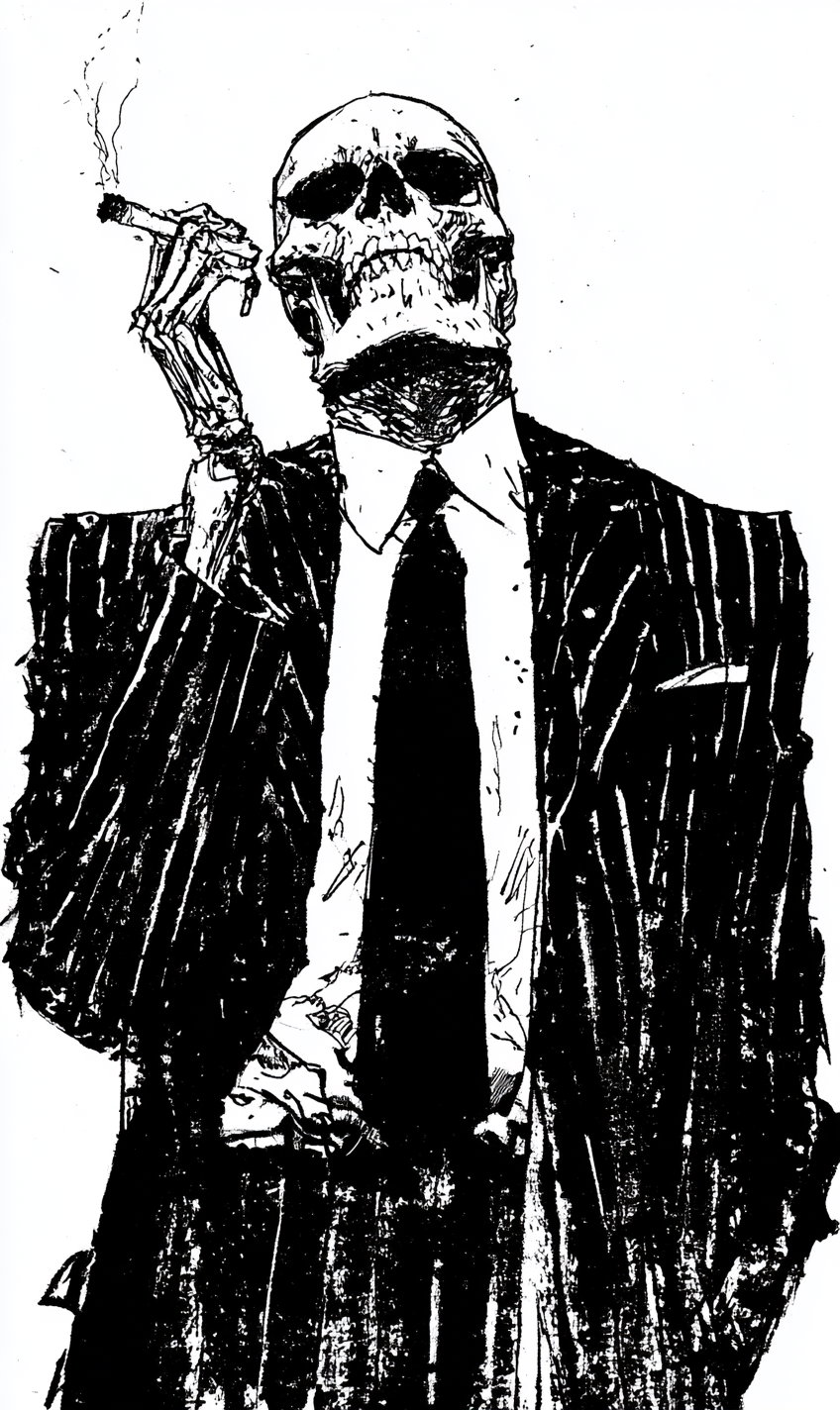 Detailed black and white ink illustration of a human skeleton wearing a pinstripe suit and tie, holding a lit cigarette with visible smoke