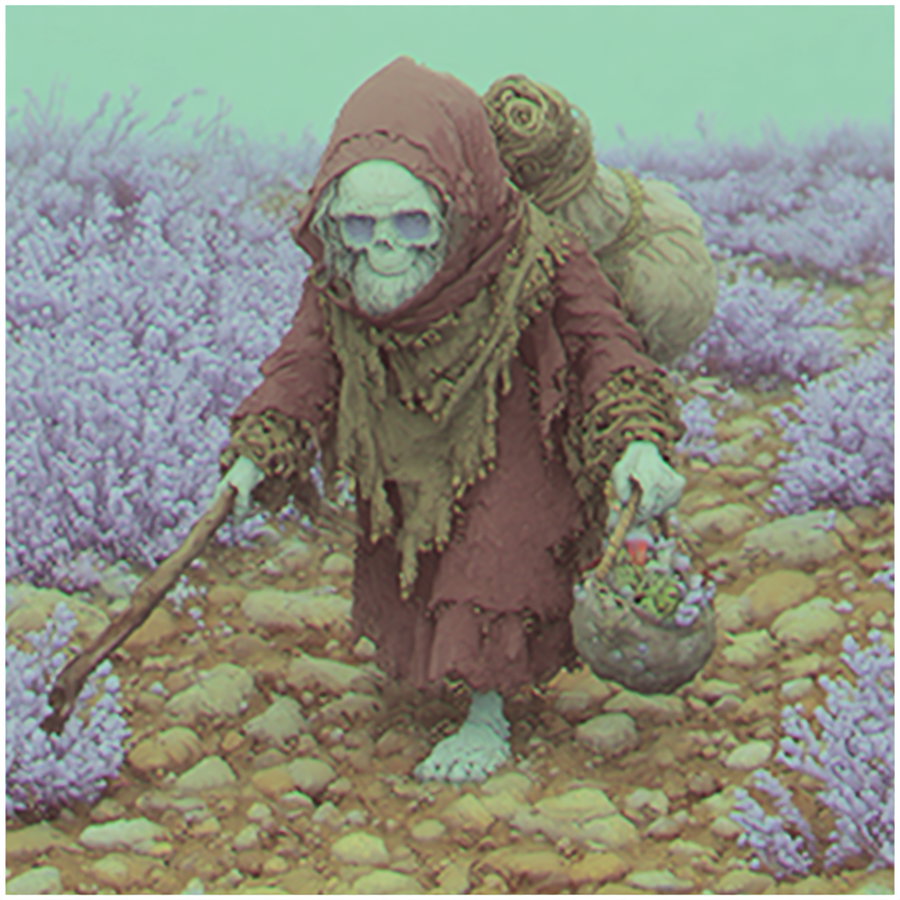 Illustration of a skeleton figure wearing a tattered hooded robe, carrying a walking stick in one hand and a basket in the other, walking barefoot on a cobblestone path surrounded by purple flowers