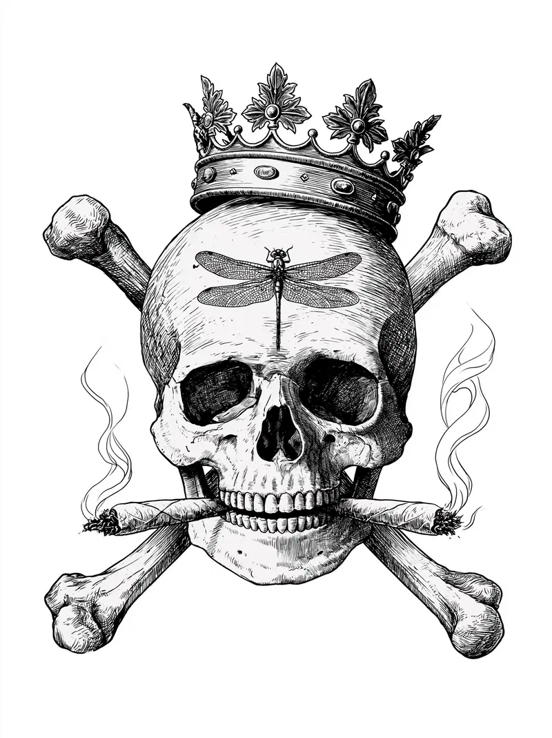 Detailed Skull Illustration with Crown and Smoking Joints in Dark Academia Style