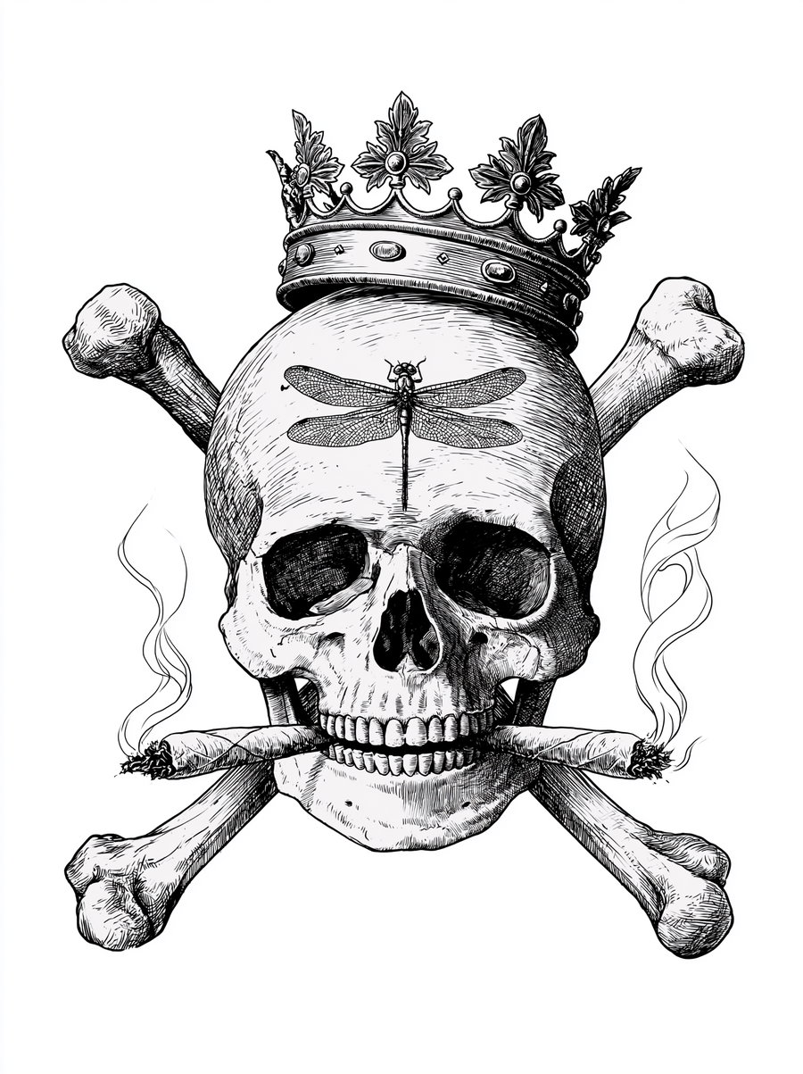 A detailed black and white skull drawing with a crown on its head, a dragonfly on the forehead, crossed bones behind it, and two smoking joints held in the mouth.