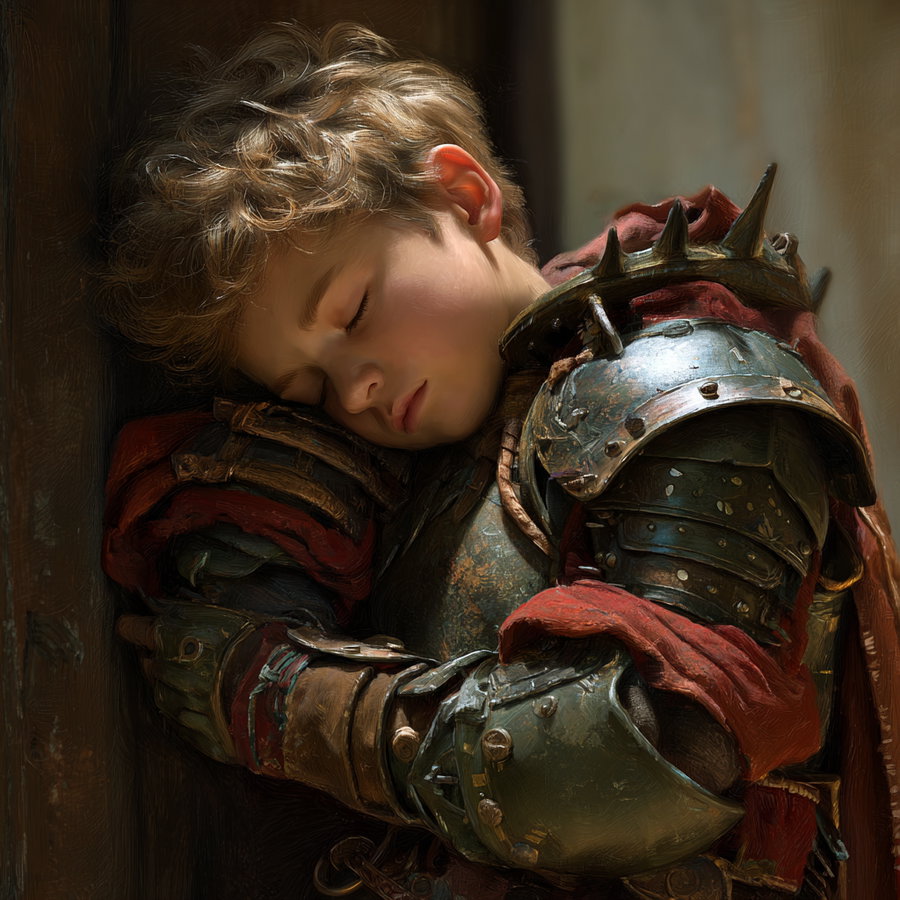 Young boy with curly hair wearing medieval armor and red fabric sleeping with eyes closed leaning against a wooden wall