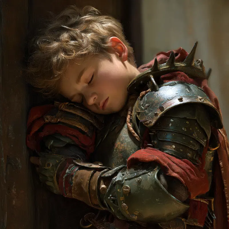 Detailed fine art portrait of a young knight sleeping against a wooden surface
