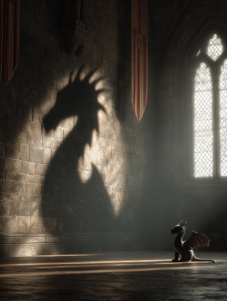 A small dark dragon figure sits on a stone floor inside a medieval hall, with light casting a large dramatic shadow of a fierce dragon on the stone wall behind