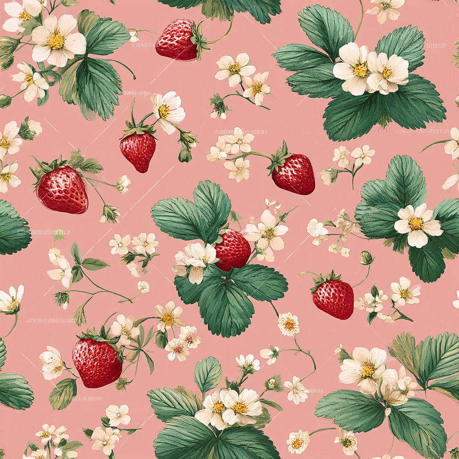 Seamless pattern featuring red strawberries, green leaves, and white strawberry flowers on a peach background