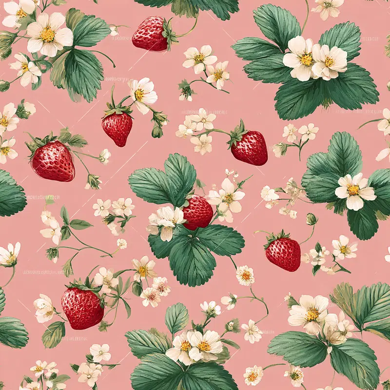 Vintage style strawberry plant pattern with leaves and white flowers on peach background