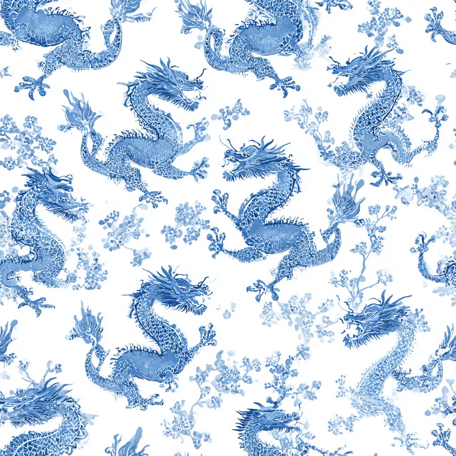 Seamless pattern of blue dragons with floral elements on white background resembling traditional European porcelain design