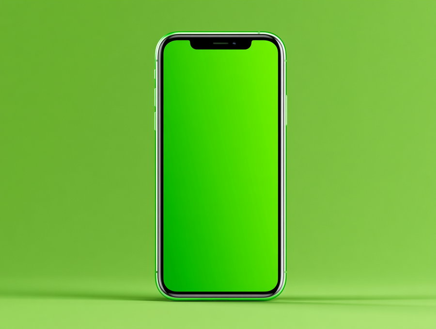 A modern smartphone placed vertically with a green display screen and green background, showing an even gradient of green shades
