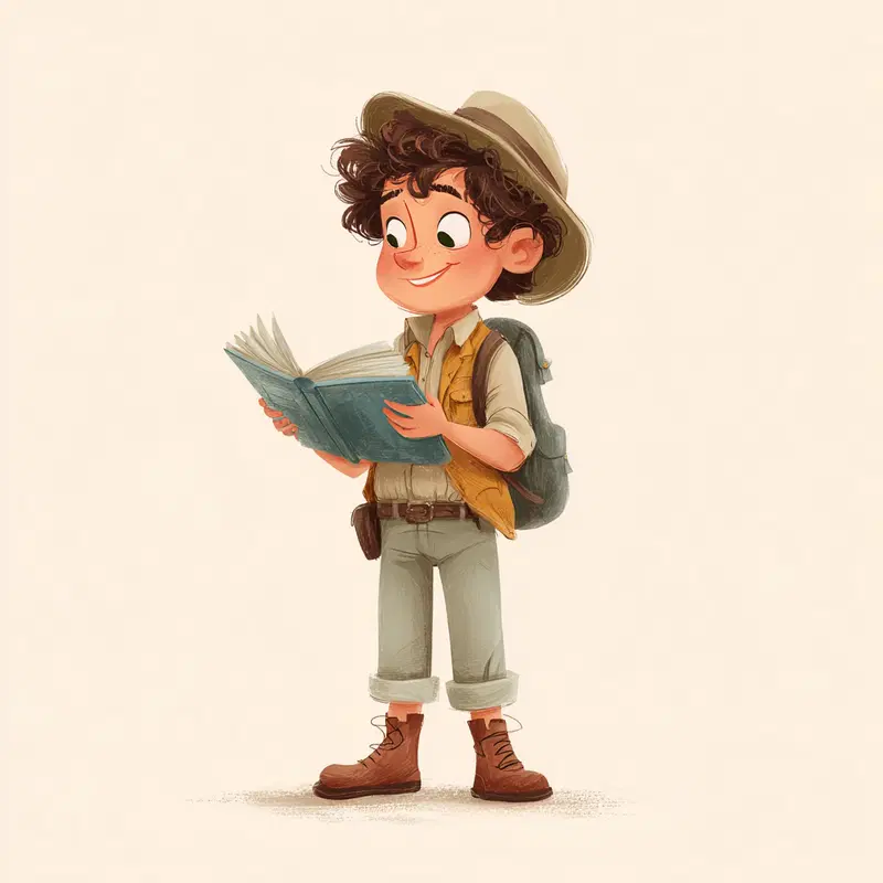 Charming digital illustration of a boy explorer reading a book