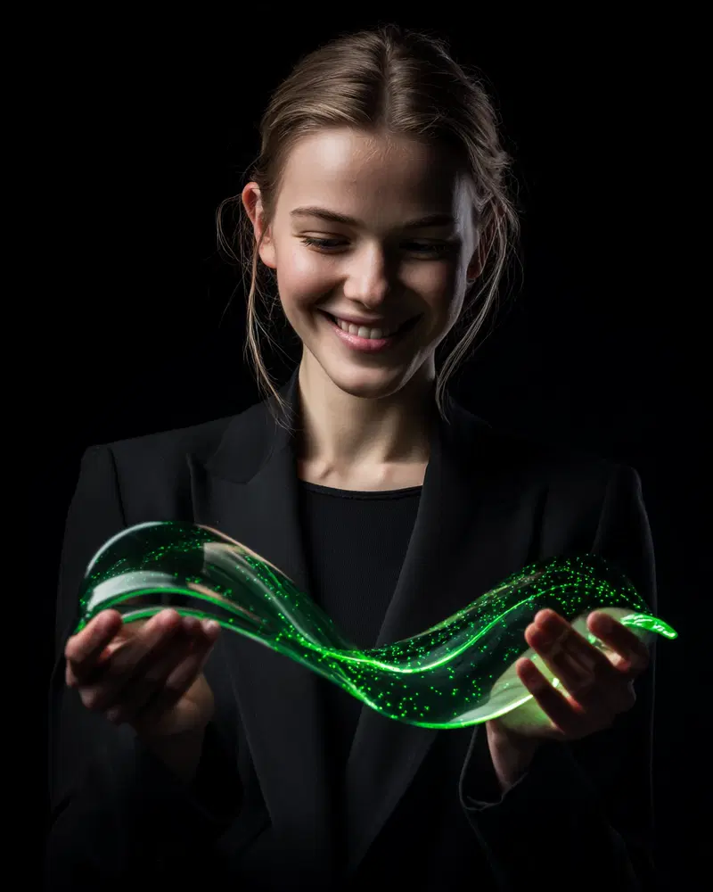 Young woman holding a glowing abstract green wave sculpture in dark setting