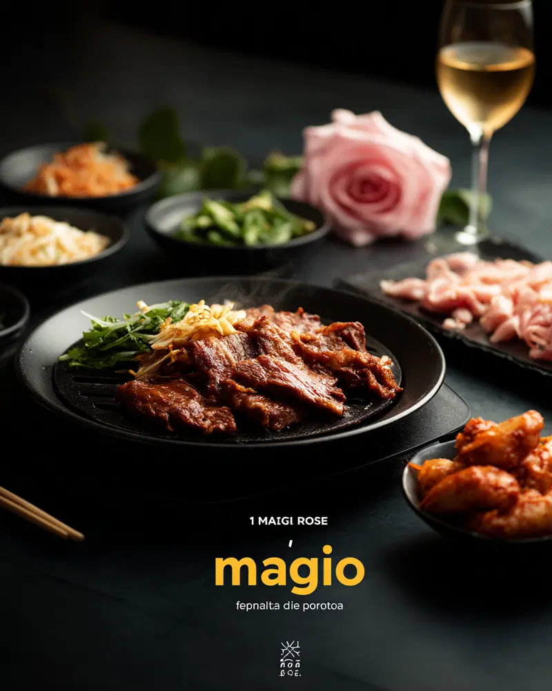 Still life photograph of grilled meat with various side dishes and a glass of wine