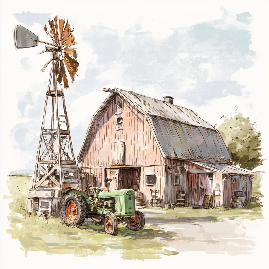 Illustration of a rustic barn with a slanted roof, a green tractor parked beside it, and a tall windmill structure next to the tractor, set outdoors with grassy ground and light blue sky