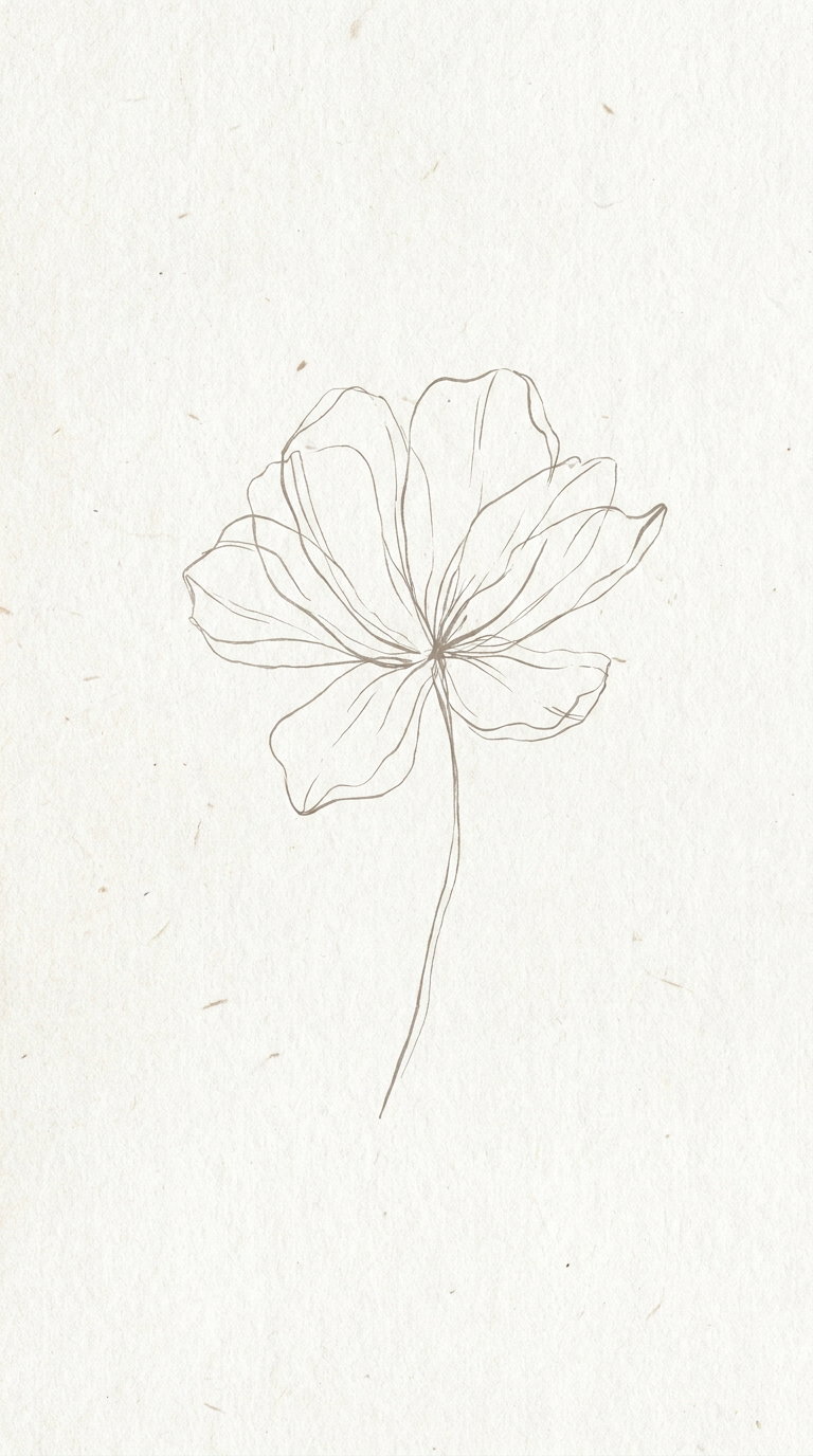 A simple minimalist line drawing of a single flower with multiple petals and a long thin stem on a textured light beige background