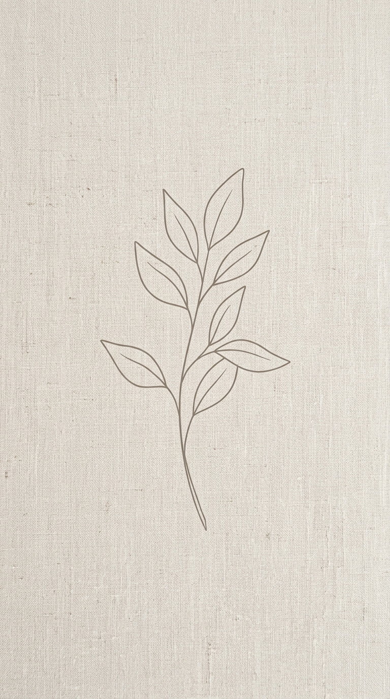 A single thin brown line drawing of a branch with eleven elongated leaves on a beige textured canvas background