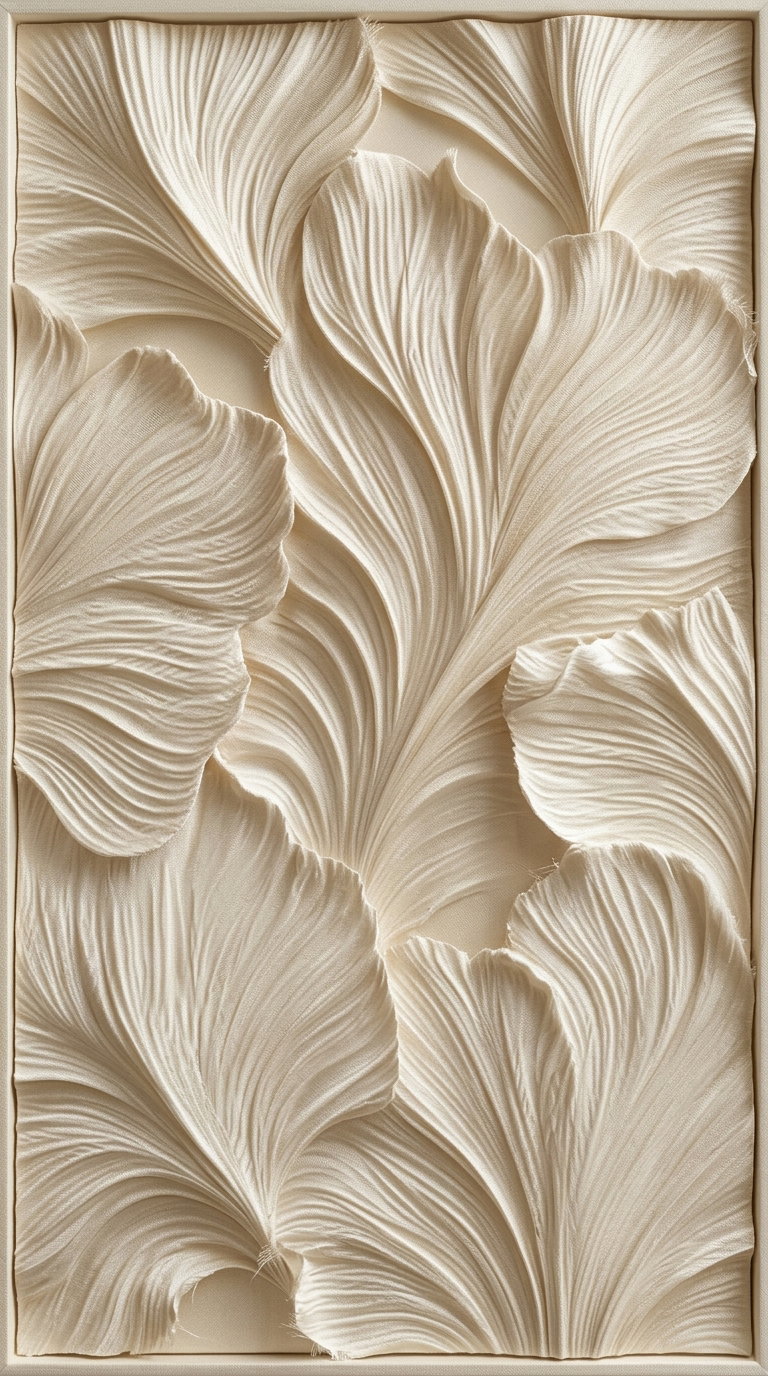 Wall art with a textured design of large, softly flowing beige fabric leaves overlapping each other on a neutral background