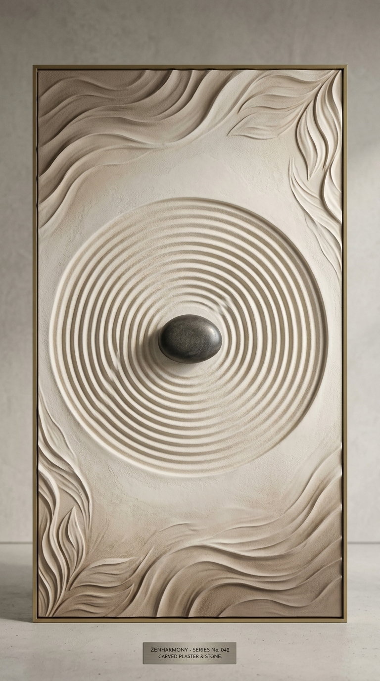 Carved plaster panel with concentric circular grooves around a central stone, framed with subtle wave patterns in neutral tones