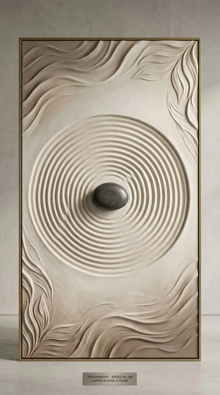 Minimalist carved plaster and stone wall art with Zen harmony design