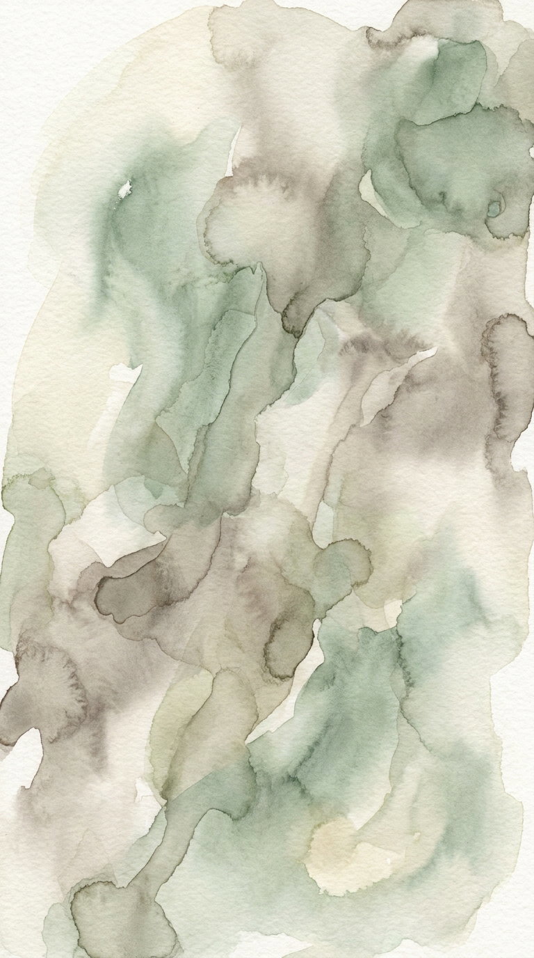 Abstract watercolor painting with soft and muted green, gray, and beige tones blending on textured paper