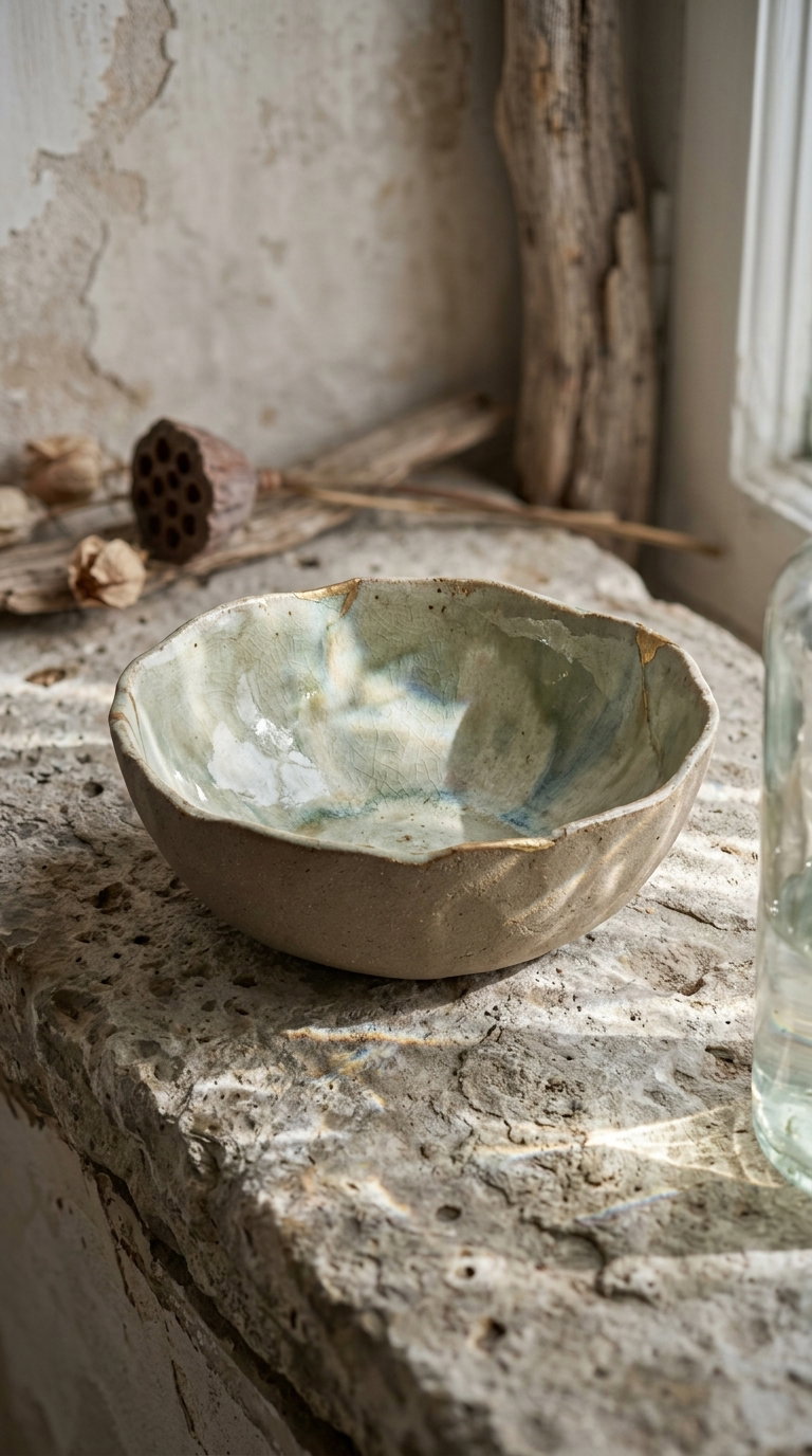 A rustic ceramic bowl with a crackled glaze featuring subtle blue and green hues, resting on a rough, textured stone surface near a window with natural light. Nearby are dried botanical elements and pieces of driftwood.