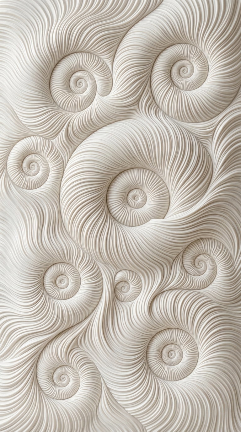 Close-up view of an abstract art pattern with multiple swirling spiral shapes and flowing ridged textures in beige and off-white tones