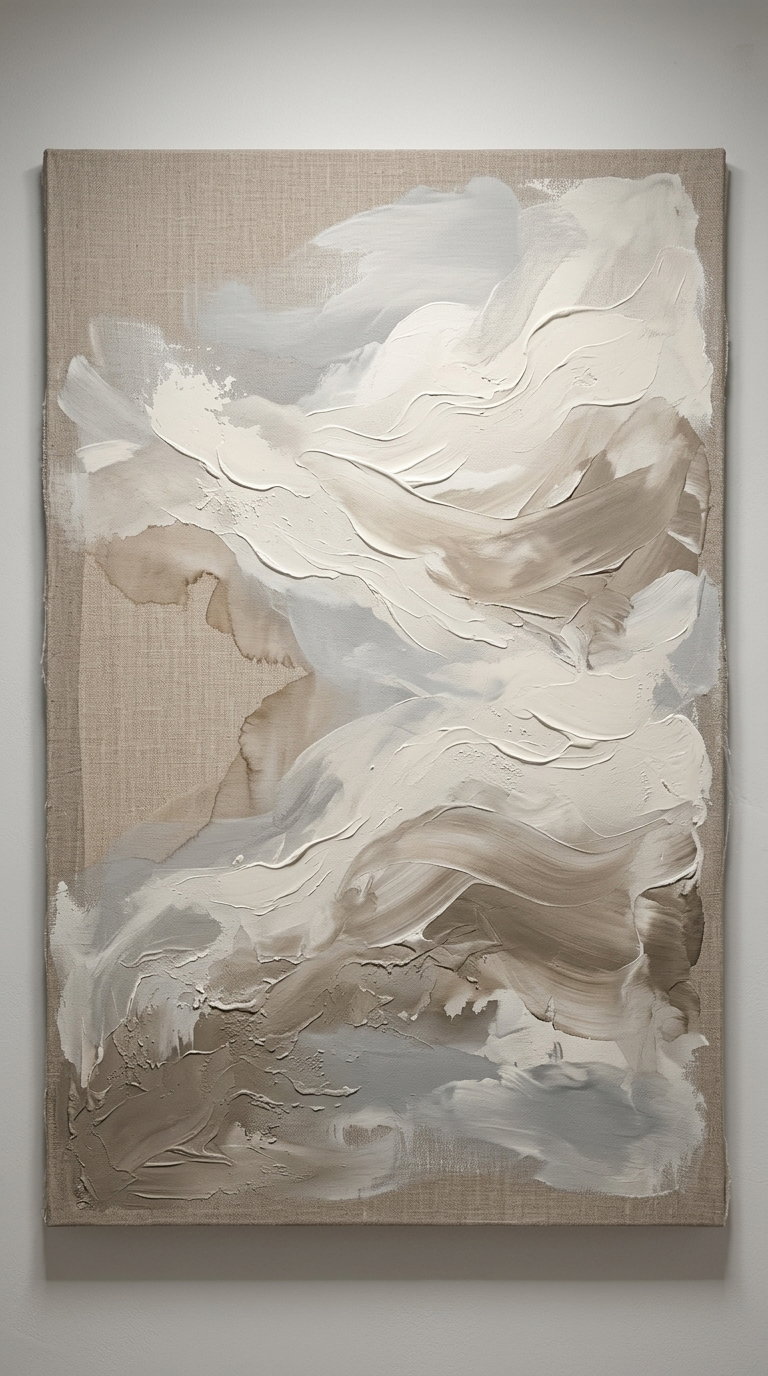Canvas painting featuring layered textured brush strokes in shades of white, beige, and light gray on a tan background