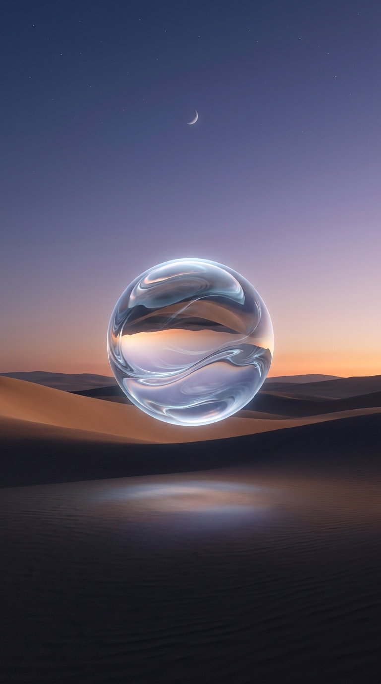 A translucent glass sphere floating above dark sand dunes under a twilight sky with a crescent moon and stars