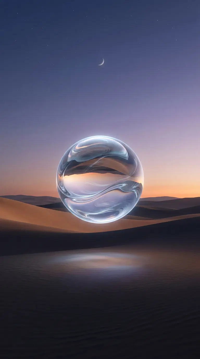 Surreal glass sphere floating over desert sand dunes at twilight