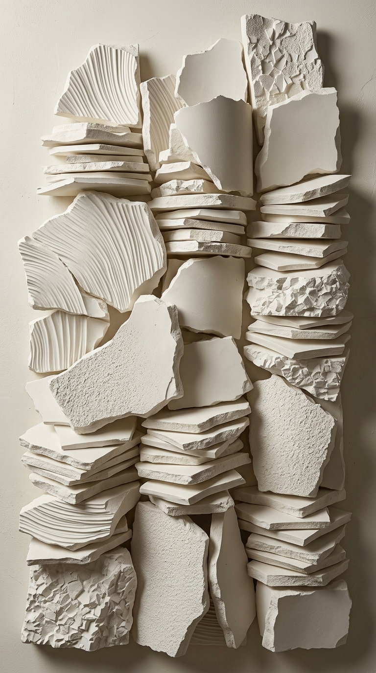 A composition of stacked and layered off-white plaster pieces with varied textures and patterns against a neutral background