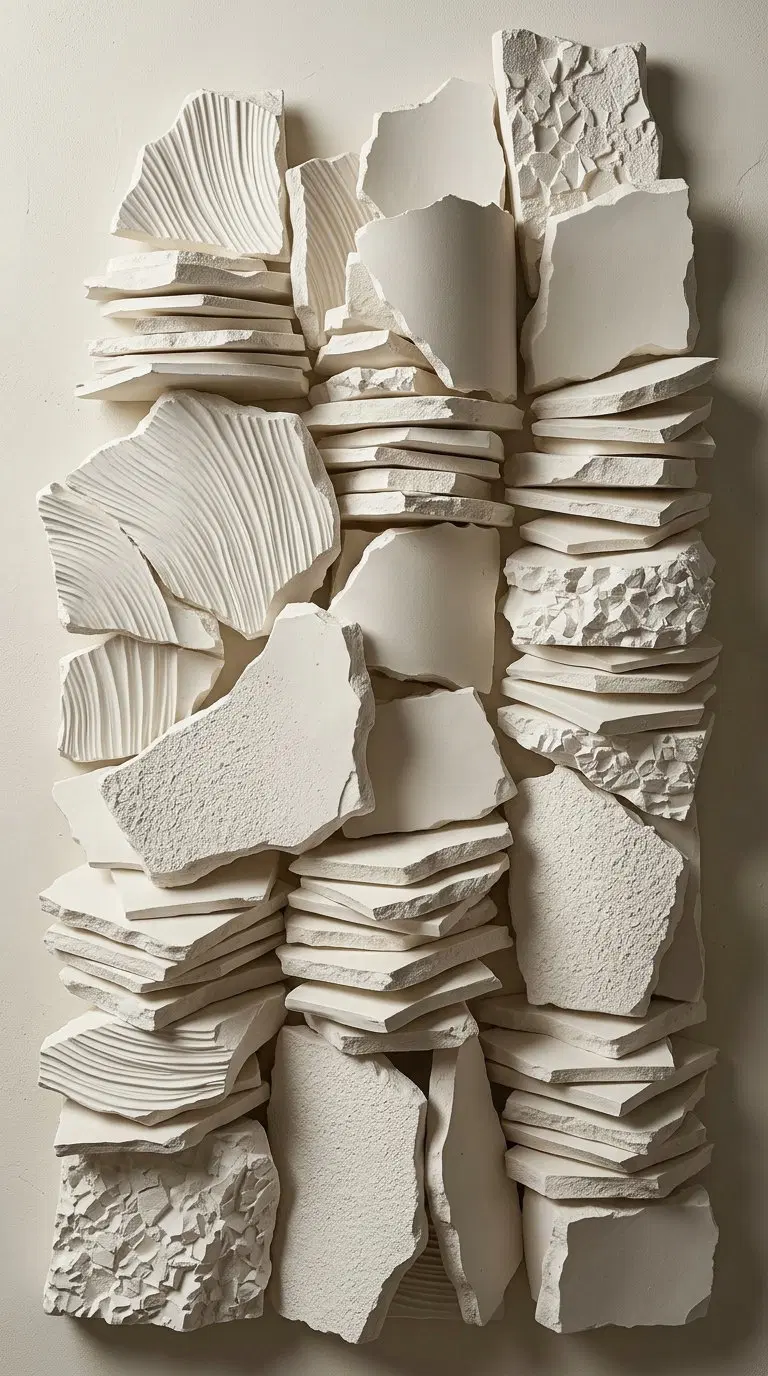 Neutral toned textured plaster wall panels arranged artistically