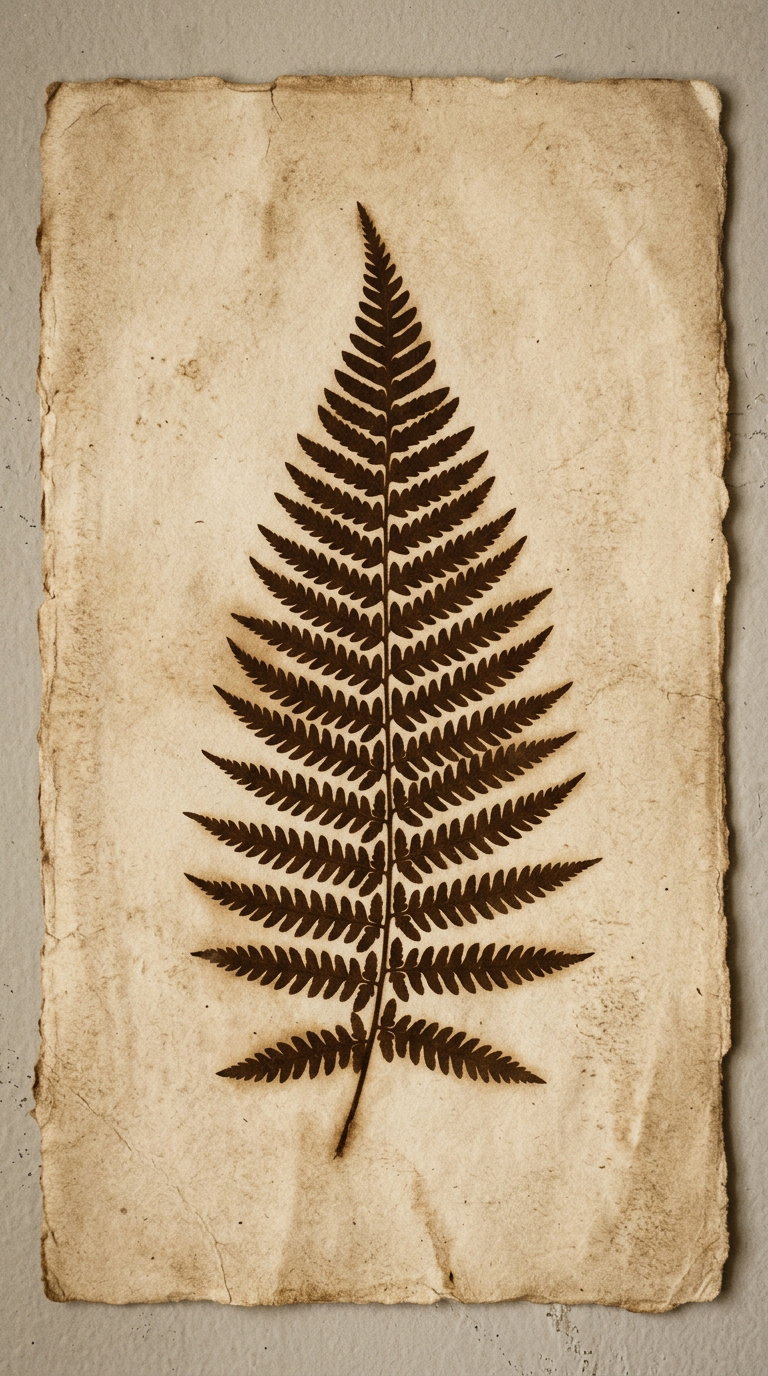 A single dark brown fern leaf illustration on a worn, aged beige paper with rough edges