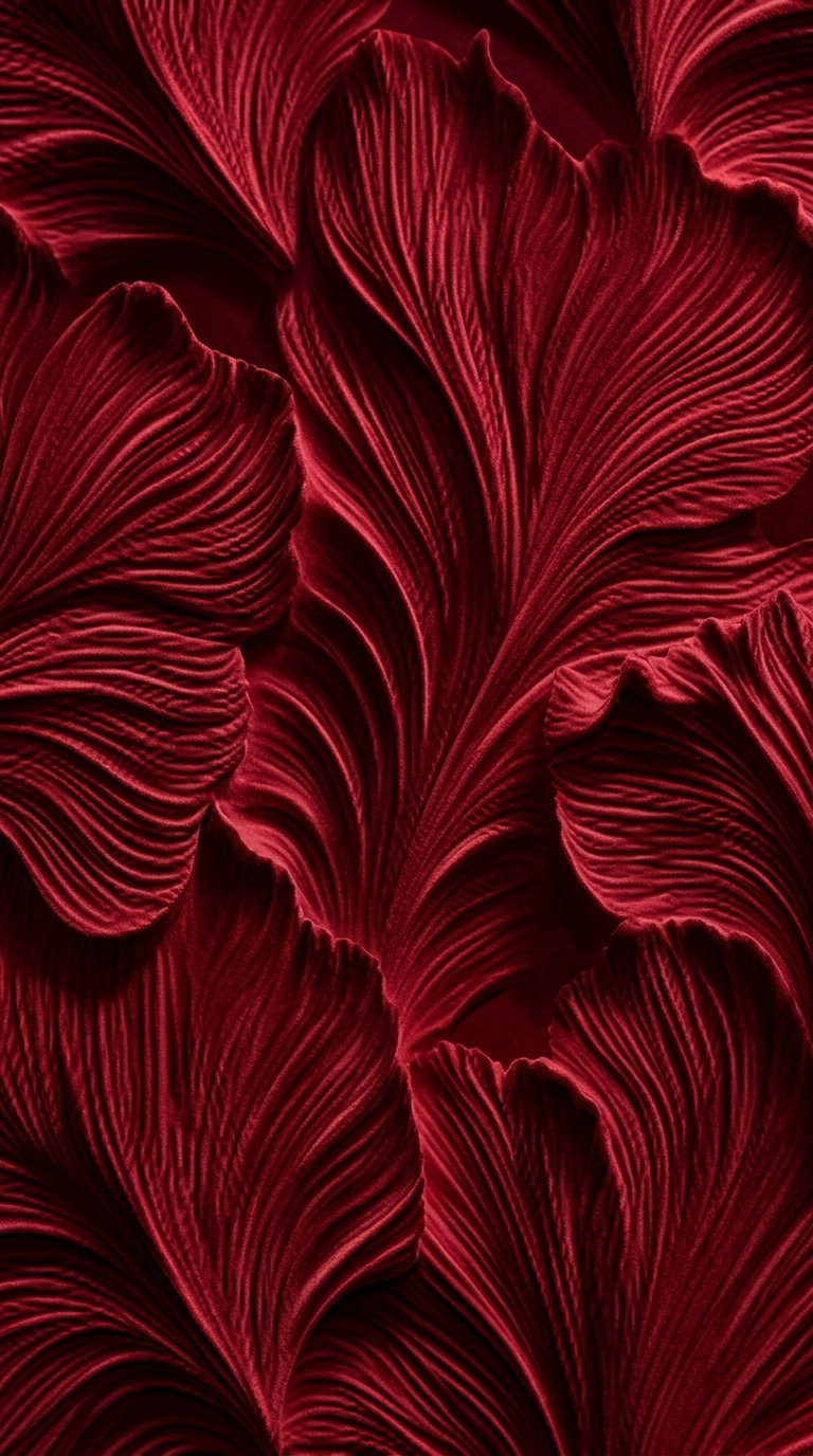 Close-up image of dark red fabric or material arranged in intricate, flowing, petal-like folds with visible texture and shadows