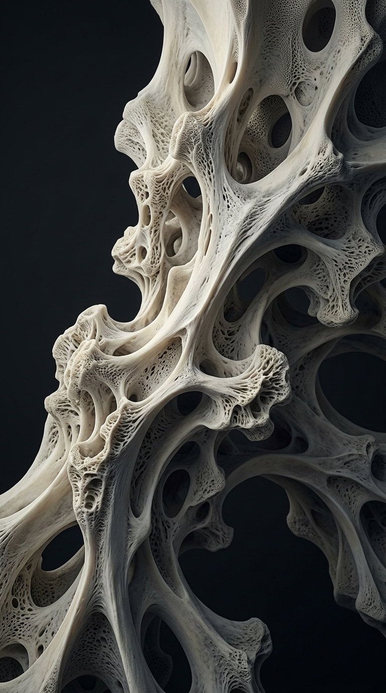 Close-up image of an abstract sculpture featuring intricate, porous, and organic shapes in beige tones against a dark background