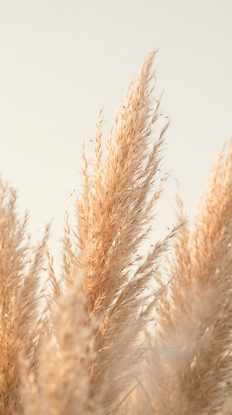 Close-up image of beige pampas grass with delicate feathery plumes against a pale, neutral background