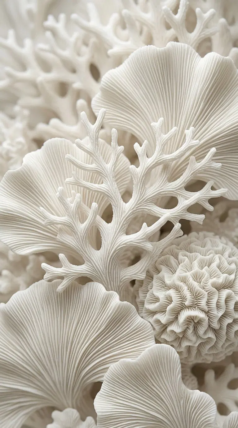 Detailed Close-Up of White Coral and Sea Fan Botanical Art Sculpture