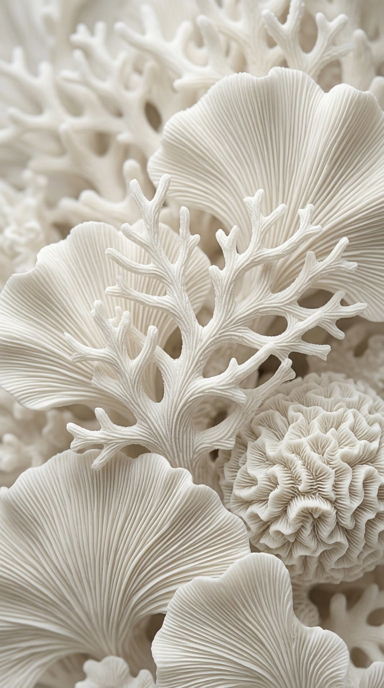Close-up image of intricately detailed white coral and sea fan botanical art sculpture with delicate textured patterns