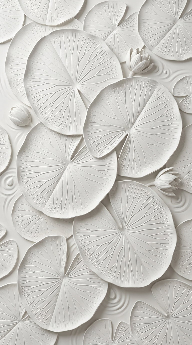 White embossed design of lily pads and lotus flowers with delicate veins and subtle water ripples in a monochromatic style