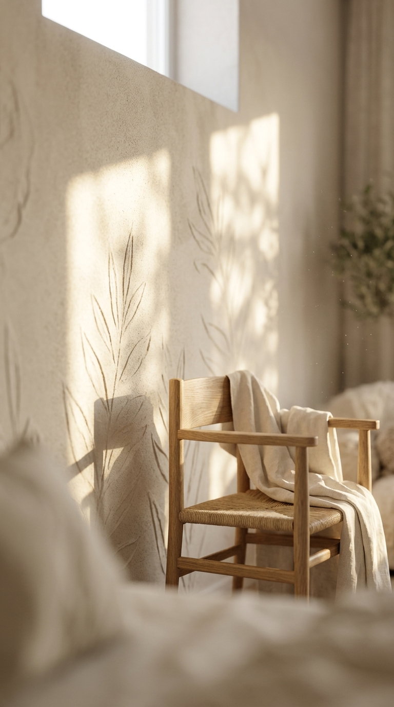 Sunlit beige wall with leaf pattern shadows, wooden chair with woven seat and light linen draped over it in a soft neutral room