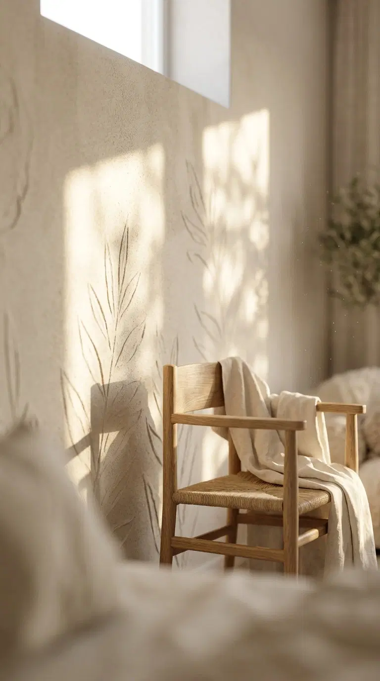 Natural light casting soft shadows on a beige textured wall with leaf patterns and a wooden chair draped with a light linen fabric