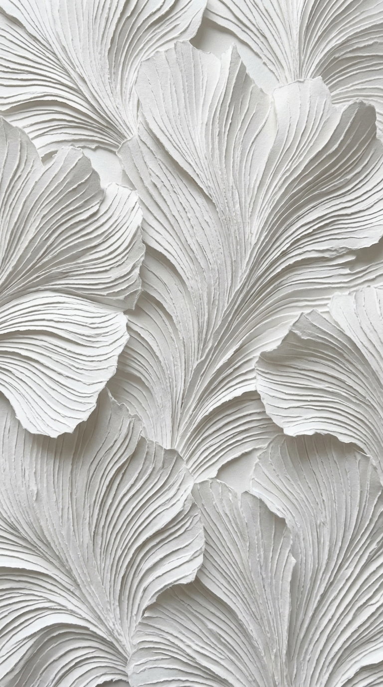 Close-up of layered abstract paper art in shades of white and light gray creating a textured floral pattern