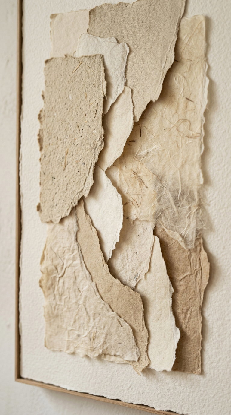 Close-up of a framed abstract art piece made of torn textured paper layers in various neutral beige and cream tones