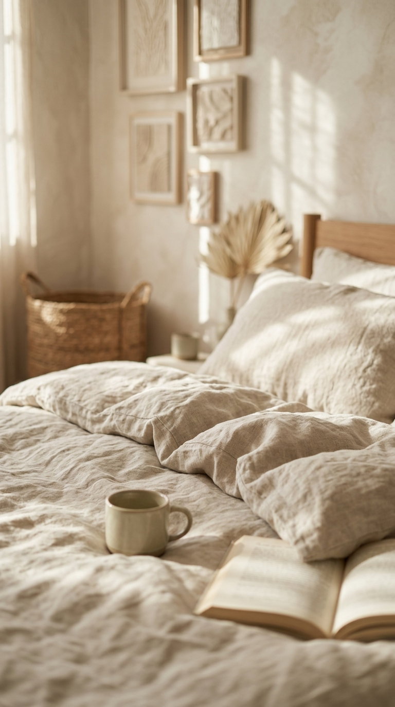A soft, beige-colored bed with rumpled linen bedding, a ceramic mug and an open book on the bed, light streaming through a window casting shadows, wall art with textured designs hanging above a wooden bed frame, and a woven basket and dried palm leaves in the background.