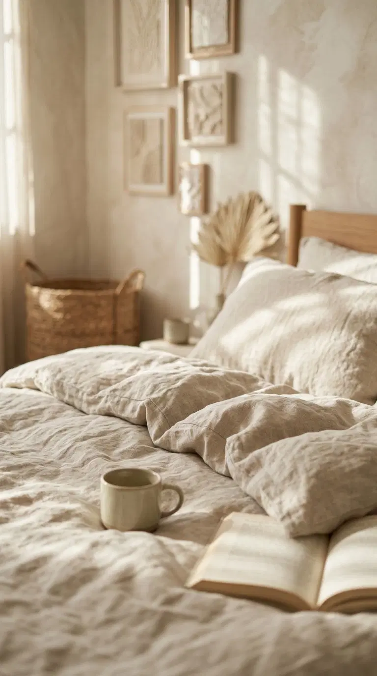 Cozy neutral-toned bedroom with textured bedding and serene wall art