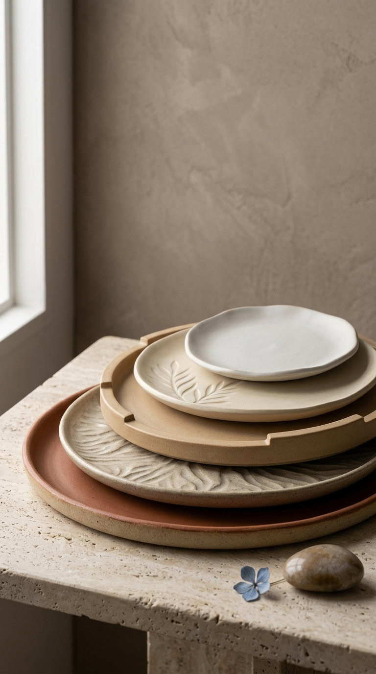 Stacked ceramic plates and trays in beige, brown, and taupe colors with some textured patterns placed on a stone-like table near a window